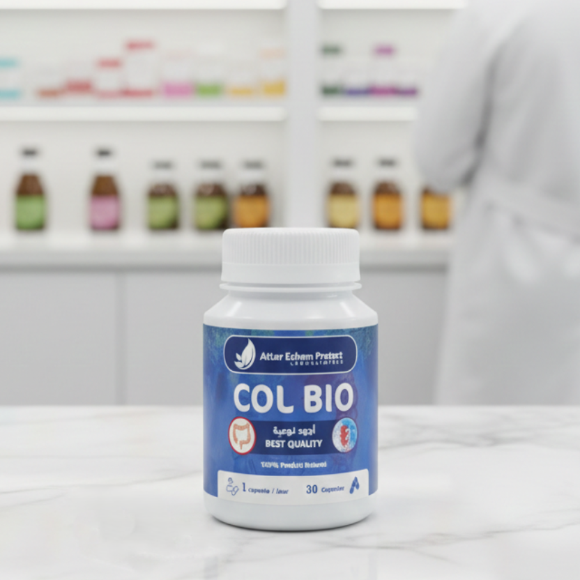 Bottle of COL BIO supplement on a counter with a blurred laboratory setting in the background